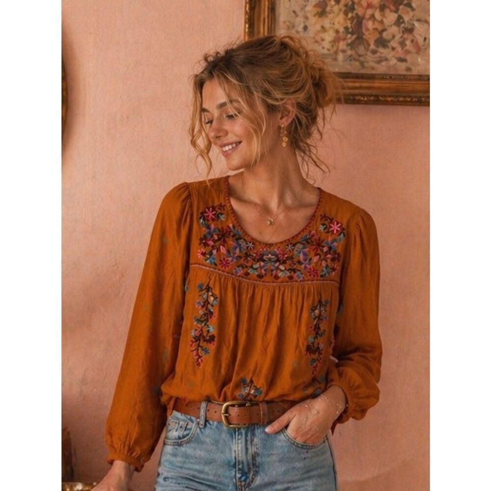 Anthropologie JODIFL Bohemian Floral Embroidered Top in Mustard